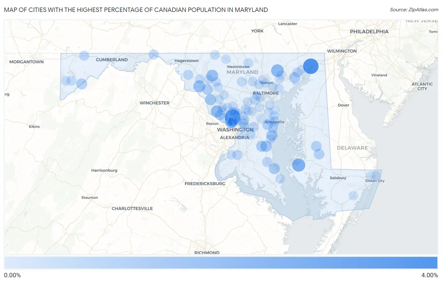 Cities with the Highest Percentage of Canadian Population in Maryland Map