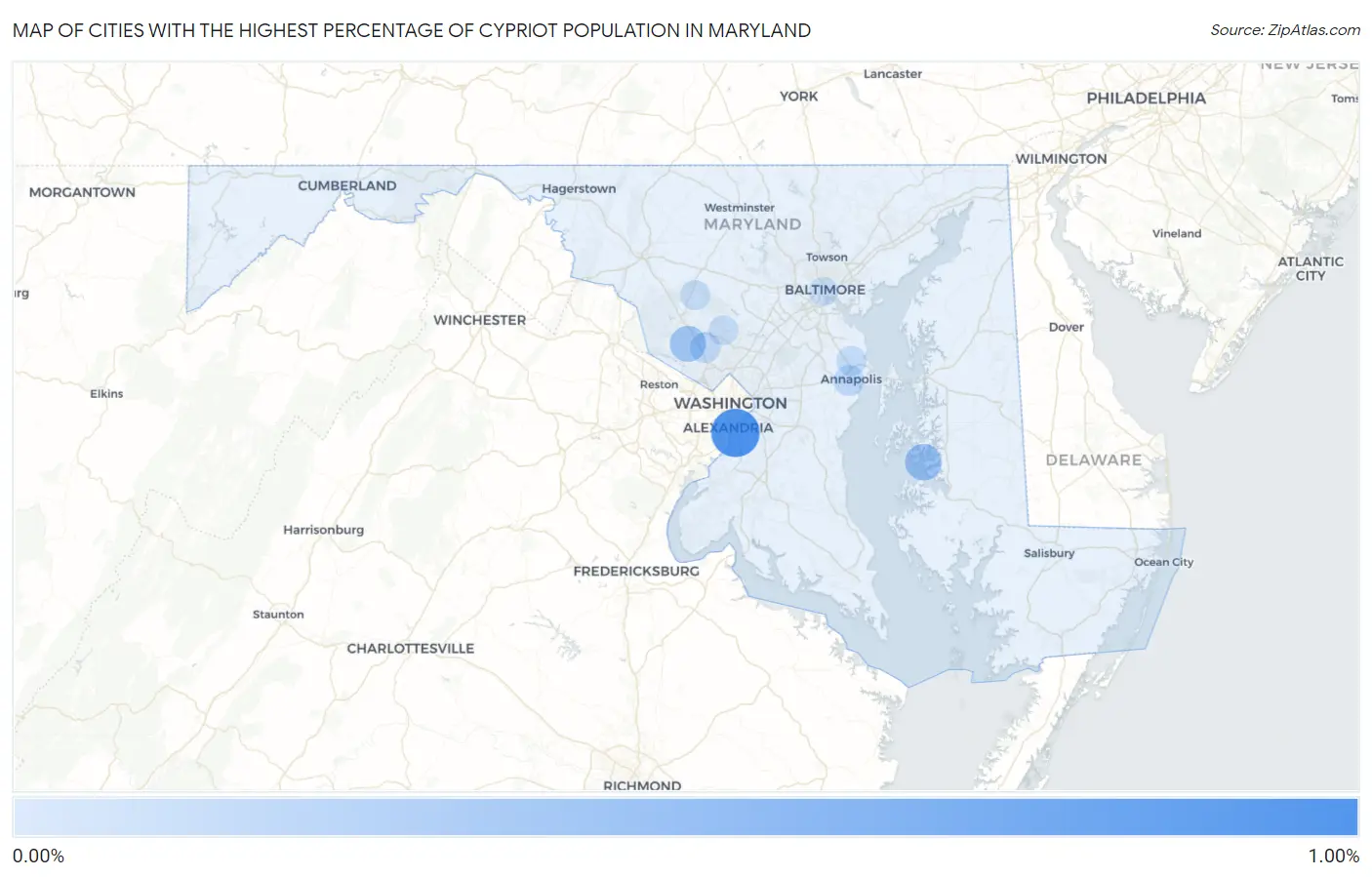 Cities with the Highest Percentage of Cypriot Population in Maryland Map