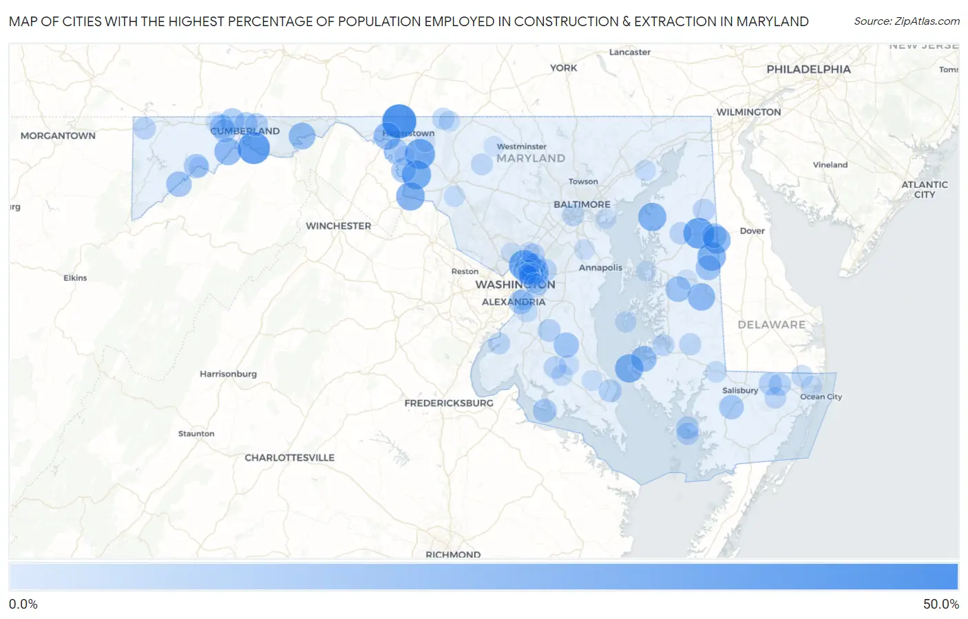 Cities with the Highest Percentage of Population Employed in Construction & Extraction in Maryland Map