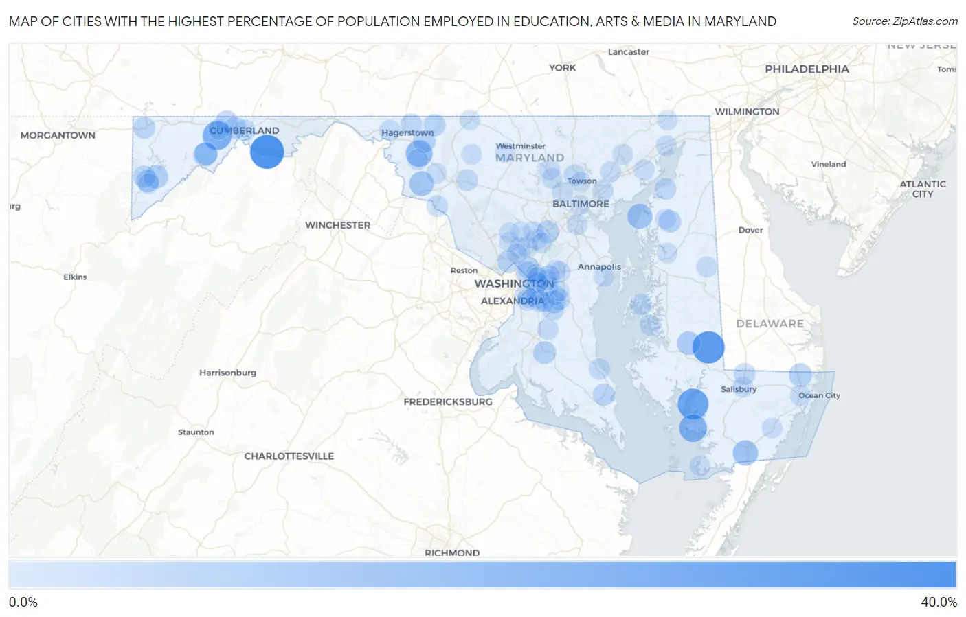 Cities with the Highest Percentage of Population Employed in Education, Arts & Media in Maryland Map