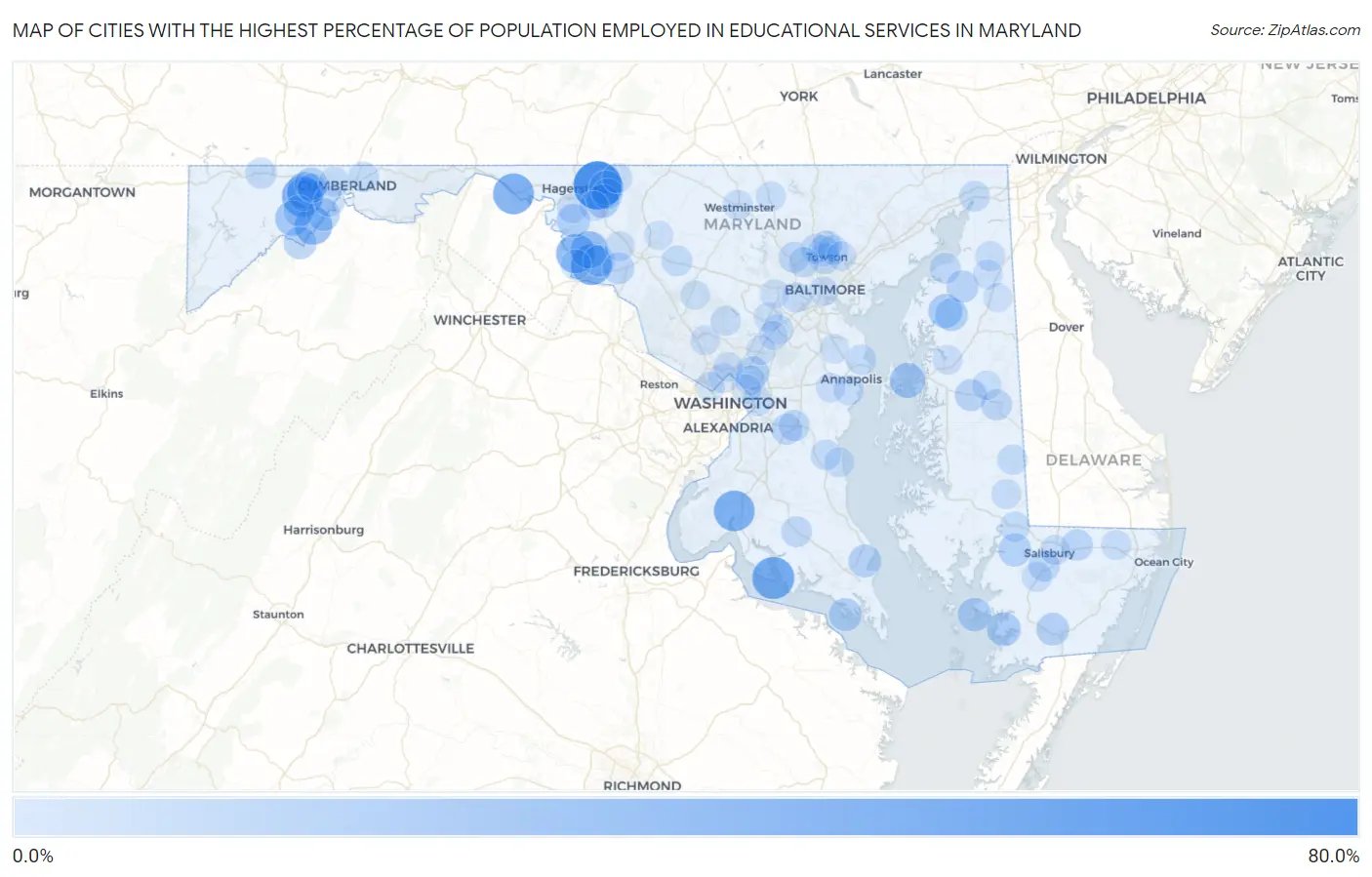 Cities with the Highest Percentage of Population Employed in Educational Services in Maryland Map