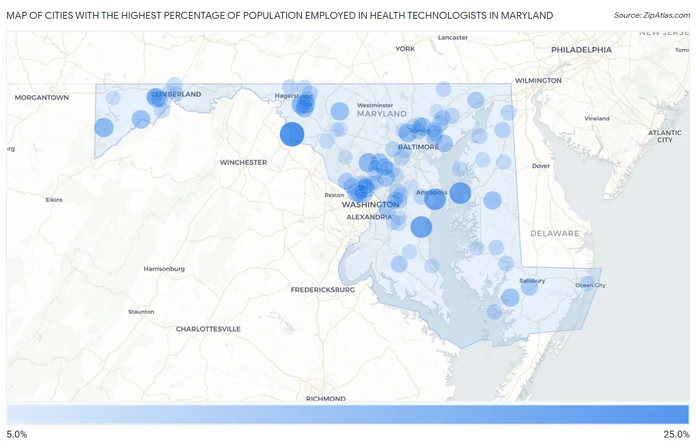 Cities with the Highest Percentage of Population Employed in Health Technologists in Maryland Map