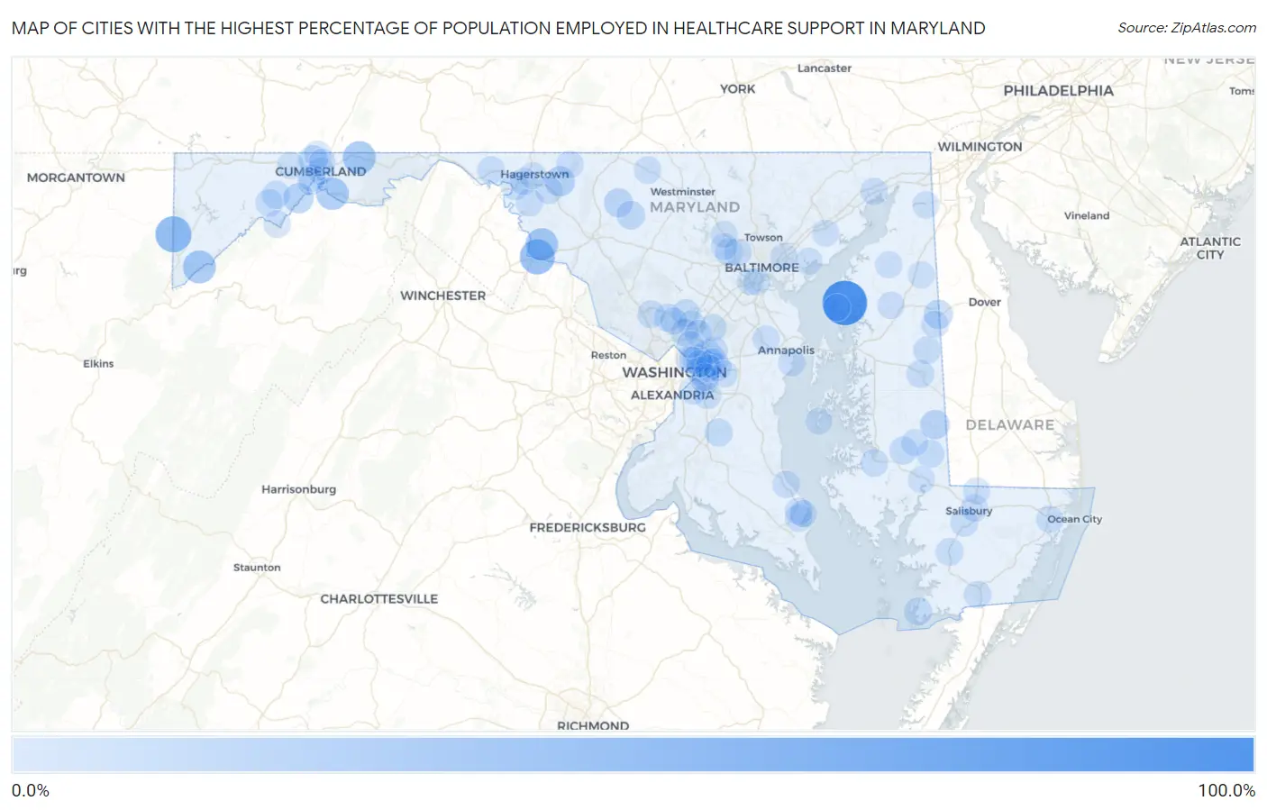 Cities with the Highest Percentage of Population Employed in Healthcare Support in Maryland Map