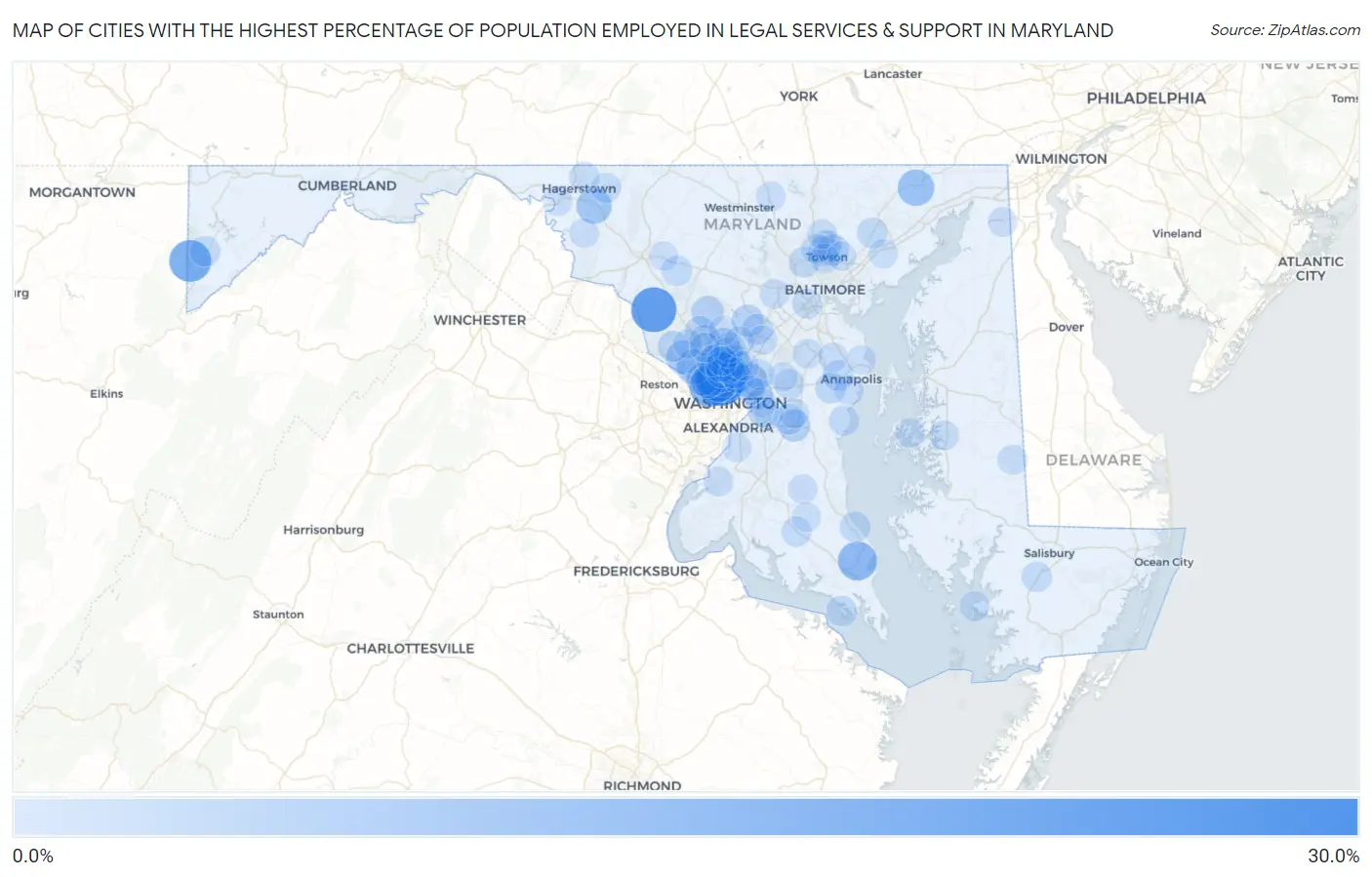 Cities with the Highest Percentage of Population Employed in Legal Services & Support in Maryland Map