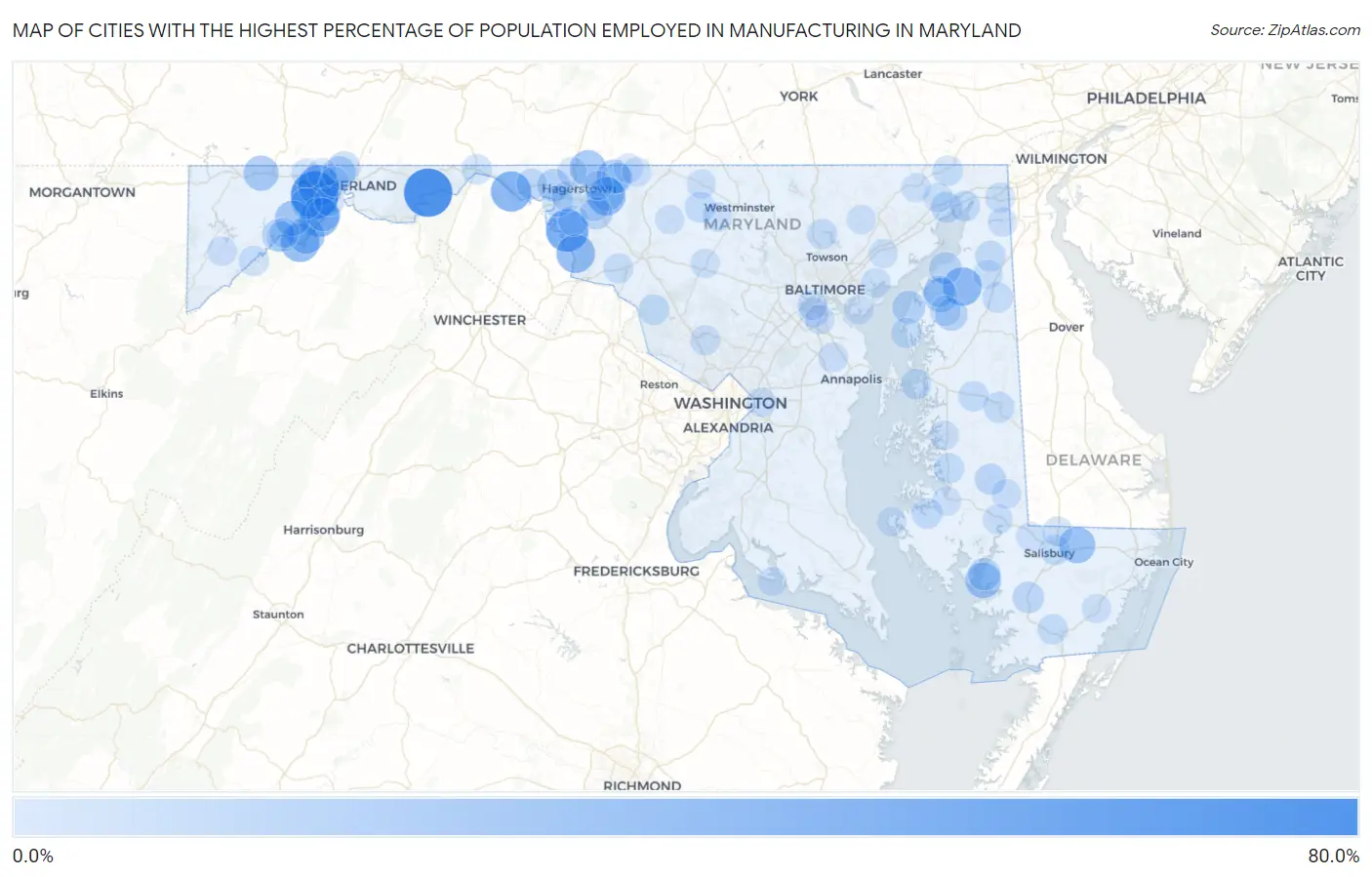 Cities with the Highest Percentage of Population Employed in Manufacturing in Maryland Map