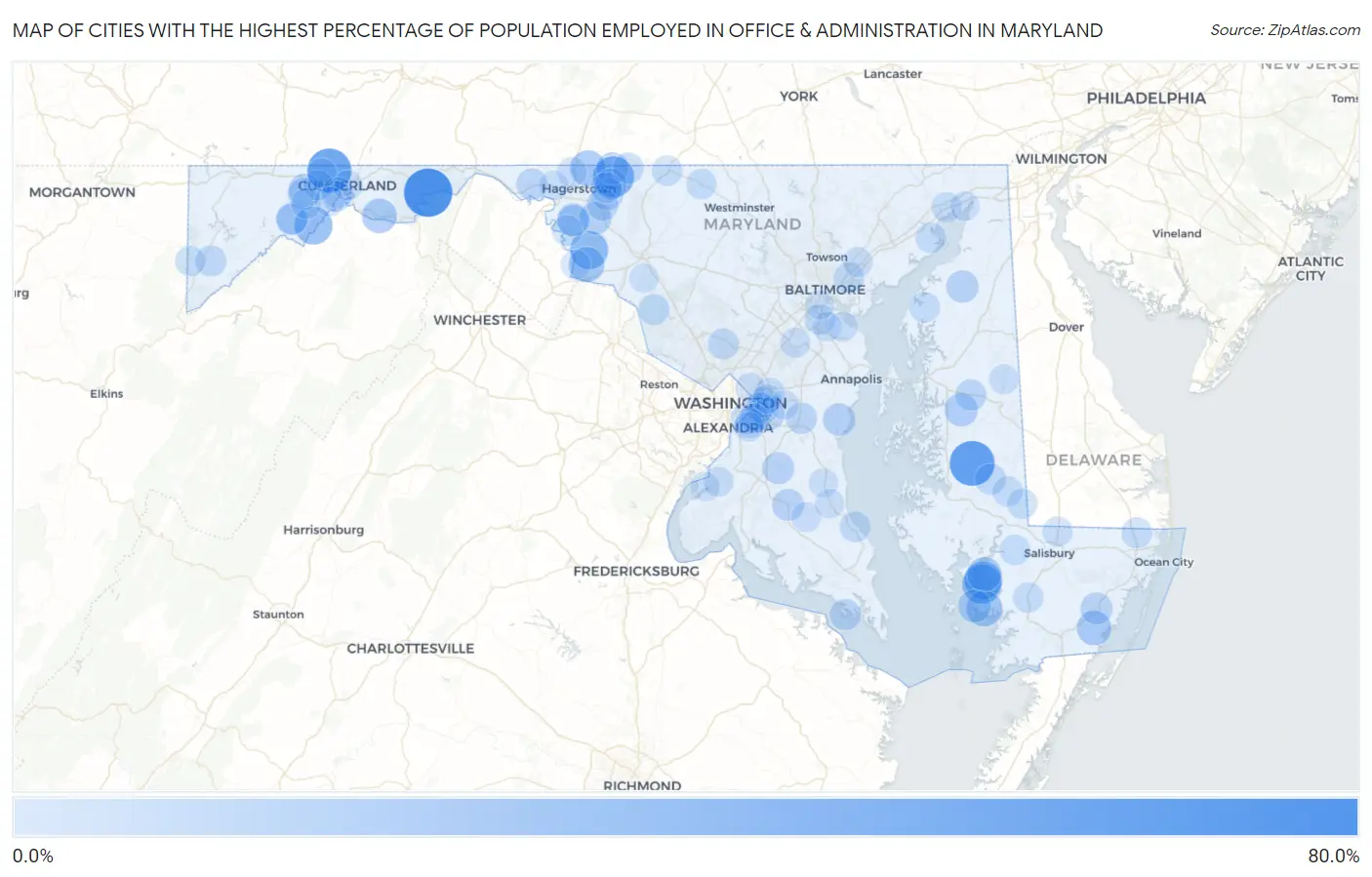 Cities with the Highest Percentage of Population Employed in Office & Administration in Maryland Map