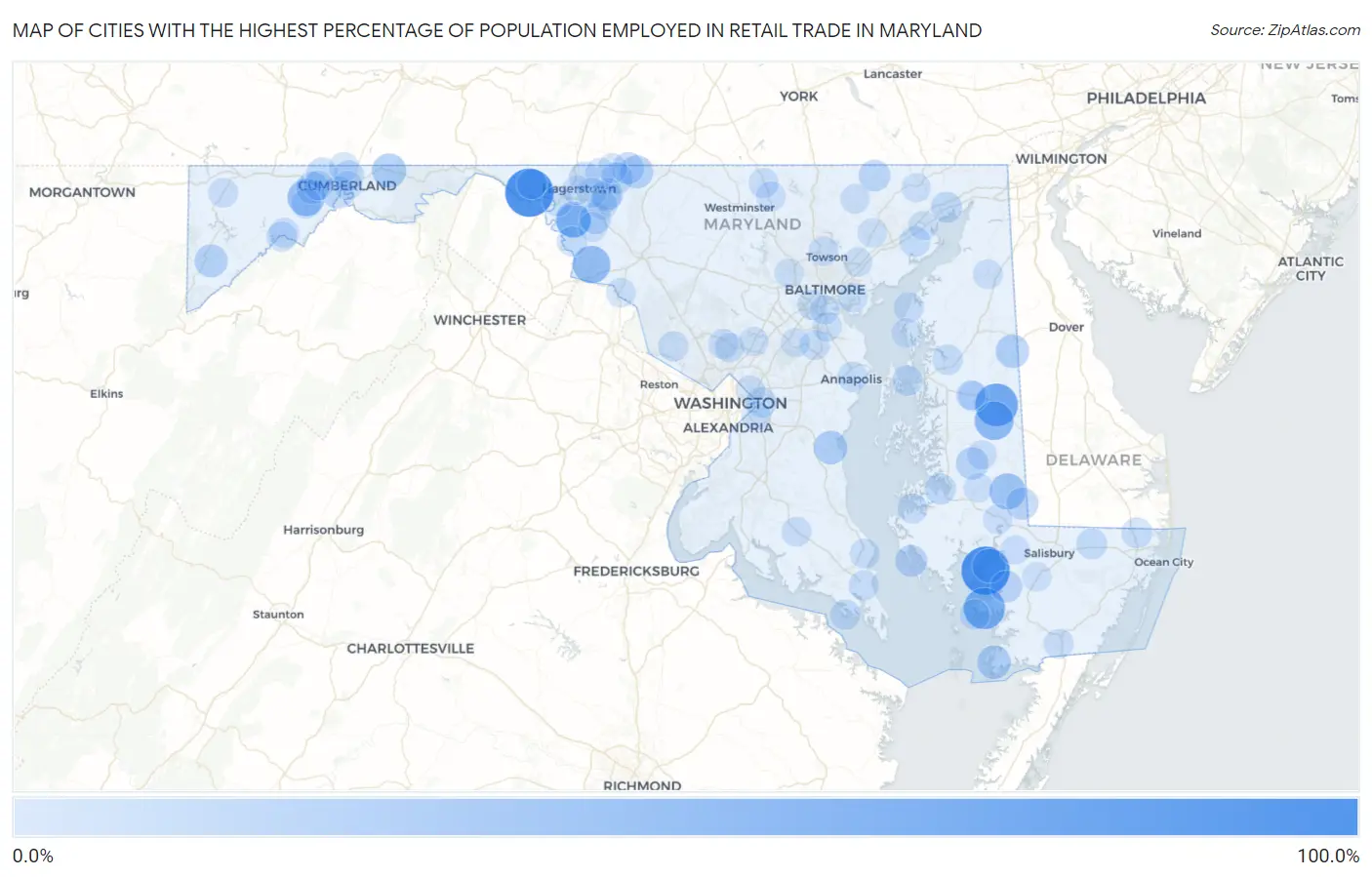 Cities with the Highest Percentage of Population Employed in Retail Trade in Maryland Map