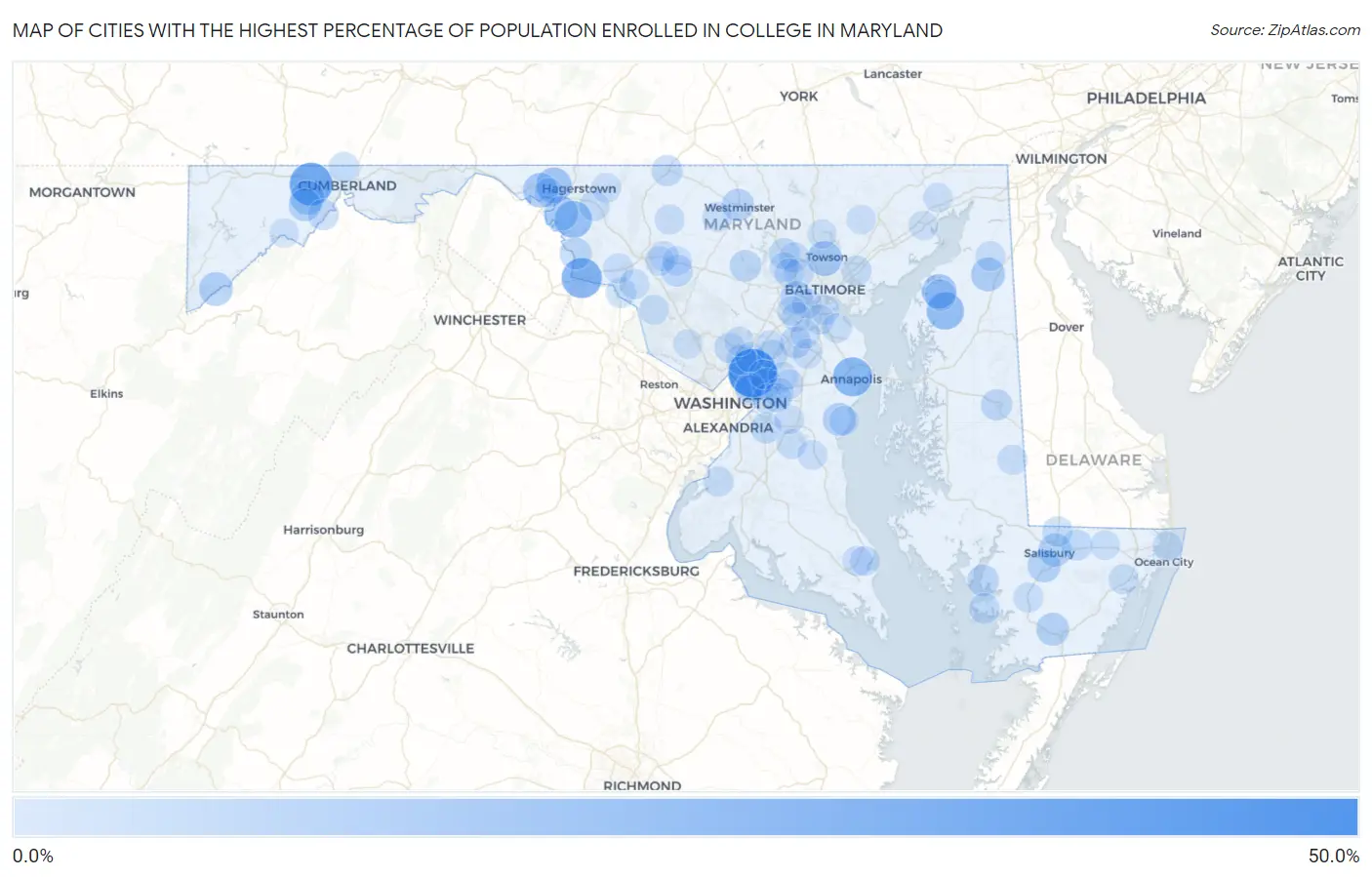 Cities with the Highest Percentage of Population Enrolled in College in Maryland Map