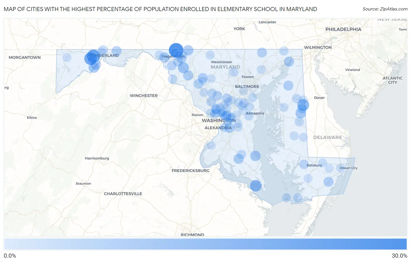 Cities with the Highest Percentage of Population Enrolled in Elementary School in Maryland Map