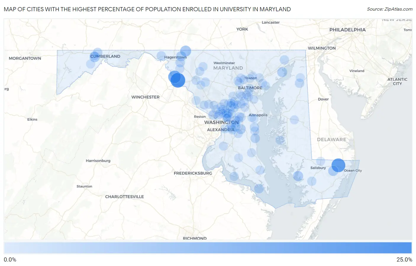 Cities with the Highest Percentage of Population Enrolled in University in Maryland Map