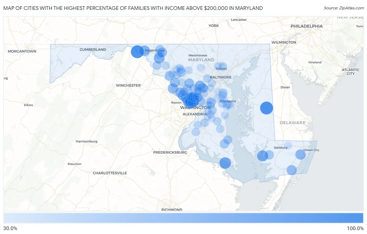 Cities with the Highest Percentage of Families with Income Above $200,000 in Maryland Map