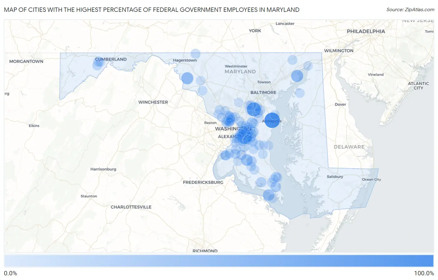 Cities with the Highest Percentage of Federal Government Employees in Maryland Map