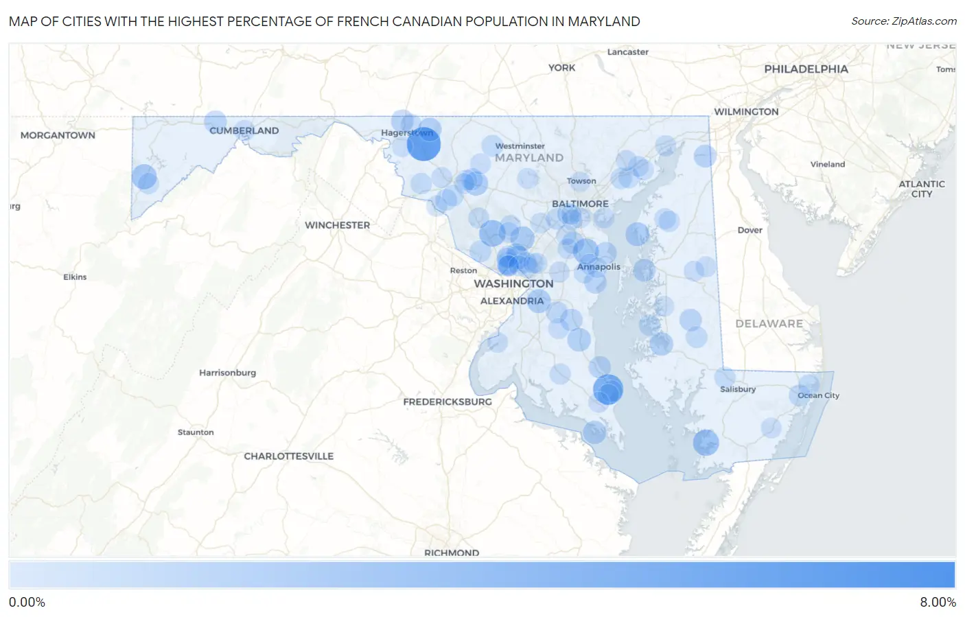 Cities with the Highest Percentage of French Canadian Population in Maryland Map