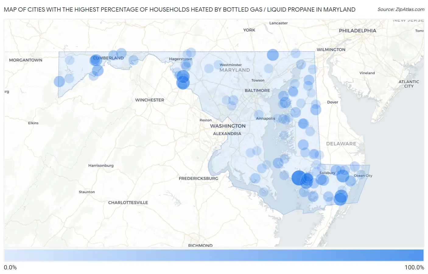 Cities with the Highest Percentage of Households Heated by Bottled Gas / Liquid Propane in Maryland Map