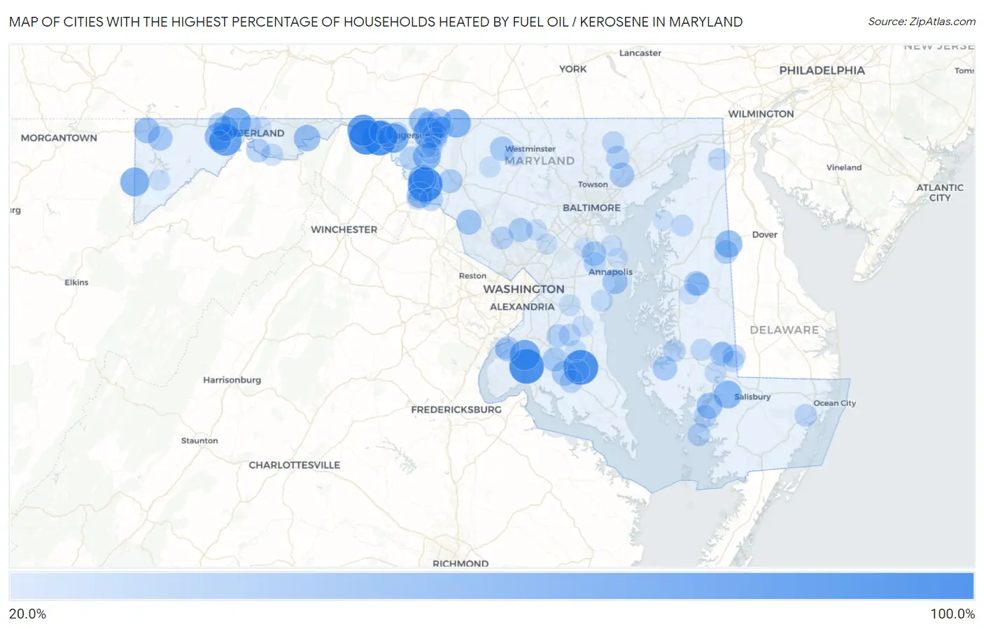 Cities with the Highest Percentage of Households Heated by Fuel Oil / Kerosene in Maryland Map
