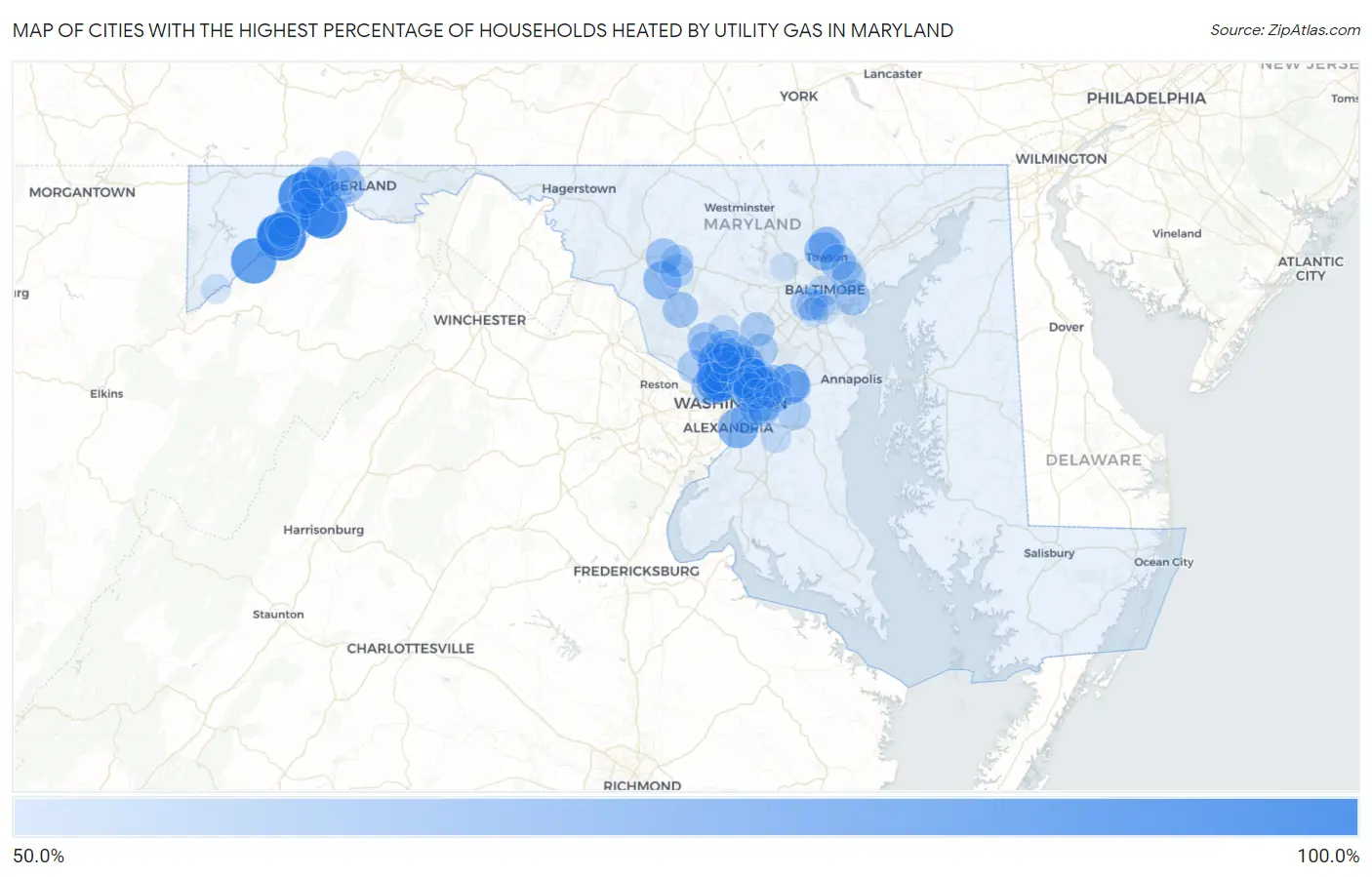 Cities with the Highest Percentage of Households Heated by Utility Gas in Maryland Map