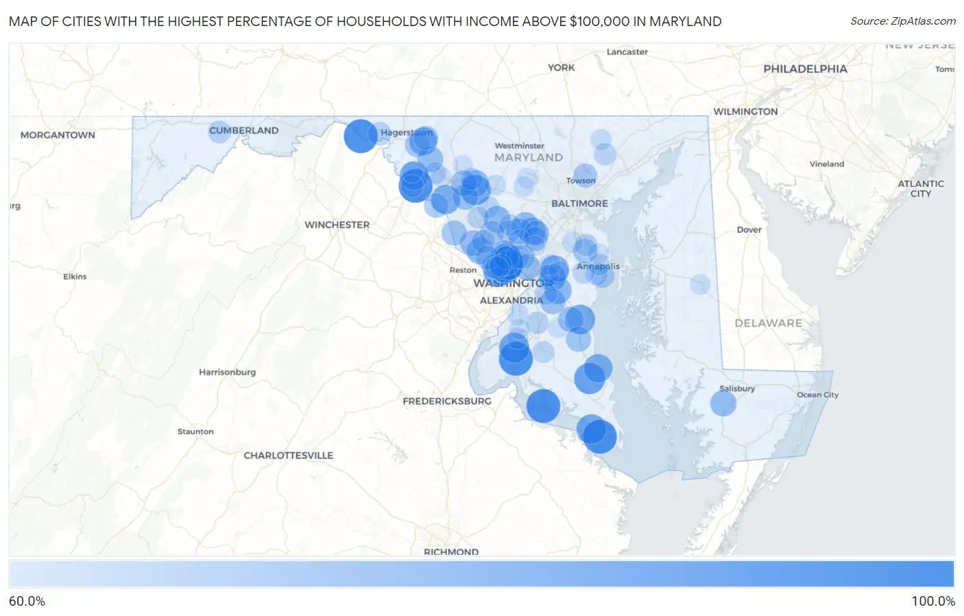 Cities with the Highest Percentage of Households with Income Above $100,000 in Maryland Map