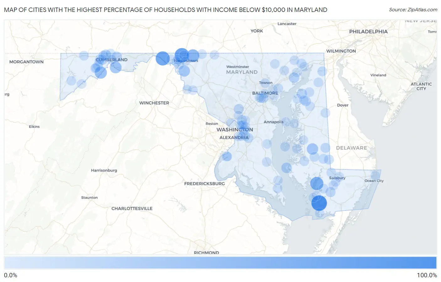 Cities with the Highest Percentage of Households with Income Below $10,000 in Maryland Map