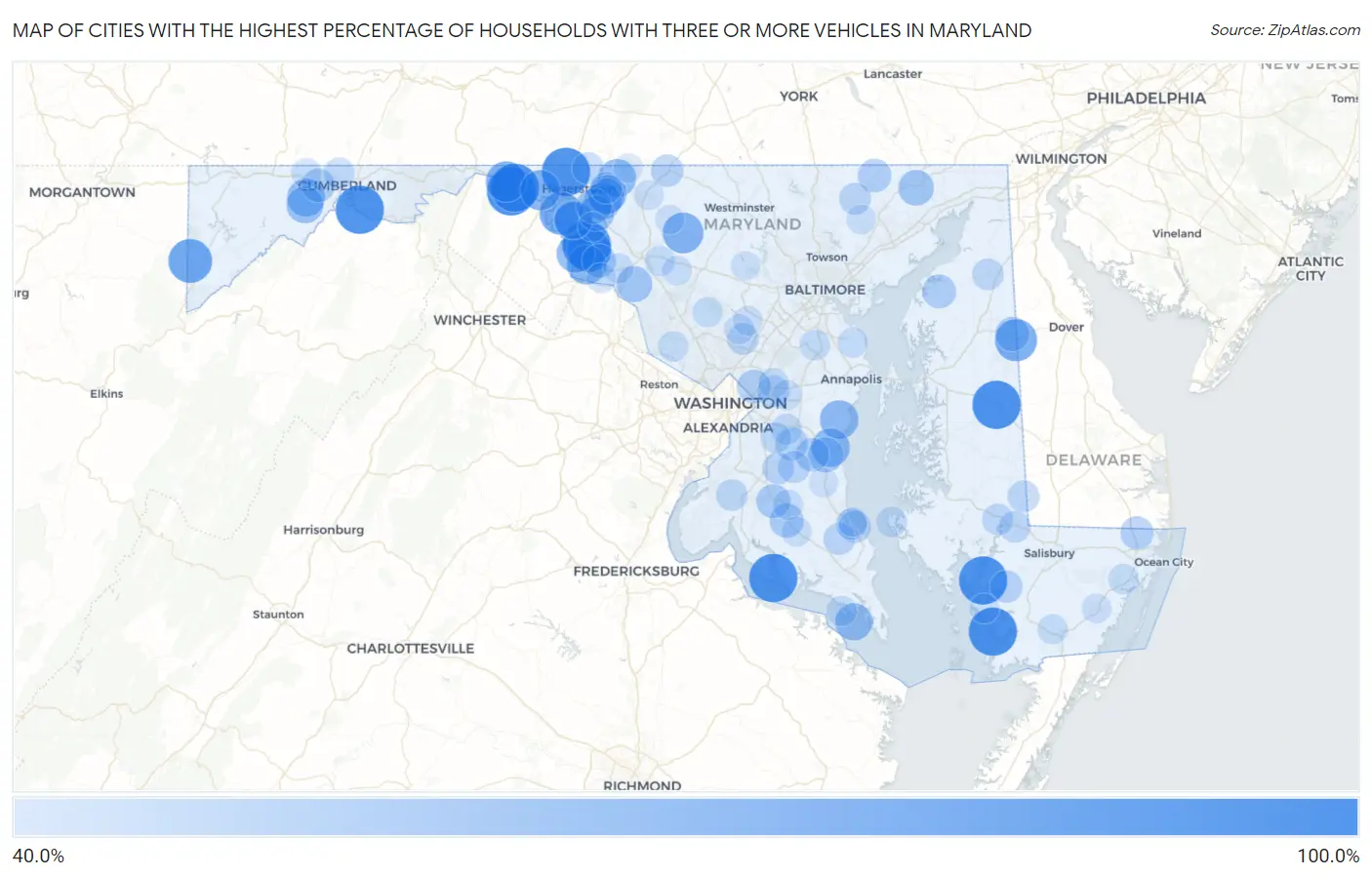 Cities with the Highest Percentage of Households With Three or more Vehicles in Maryland Map