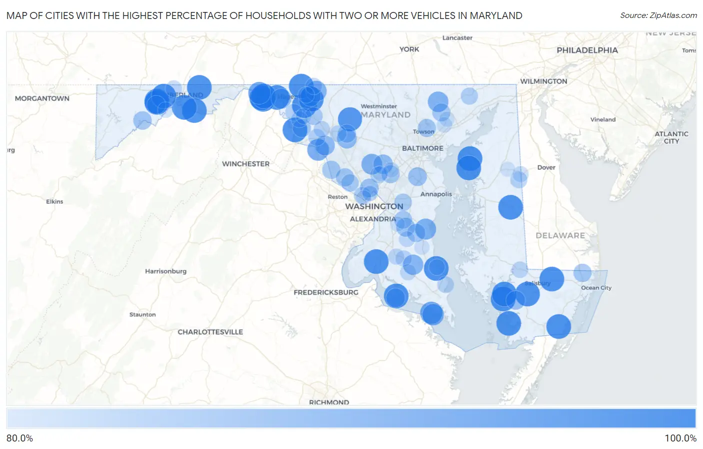 Cities with the Highest Percentage of Households With Two or more Vehicles in Maryland Map