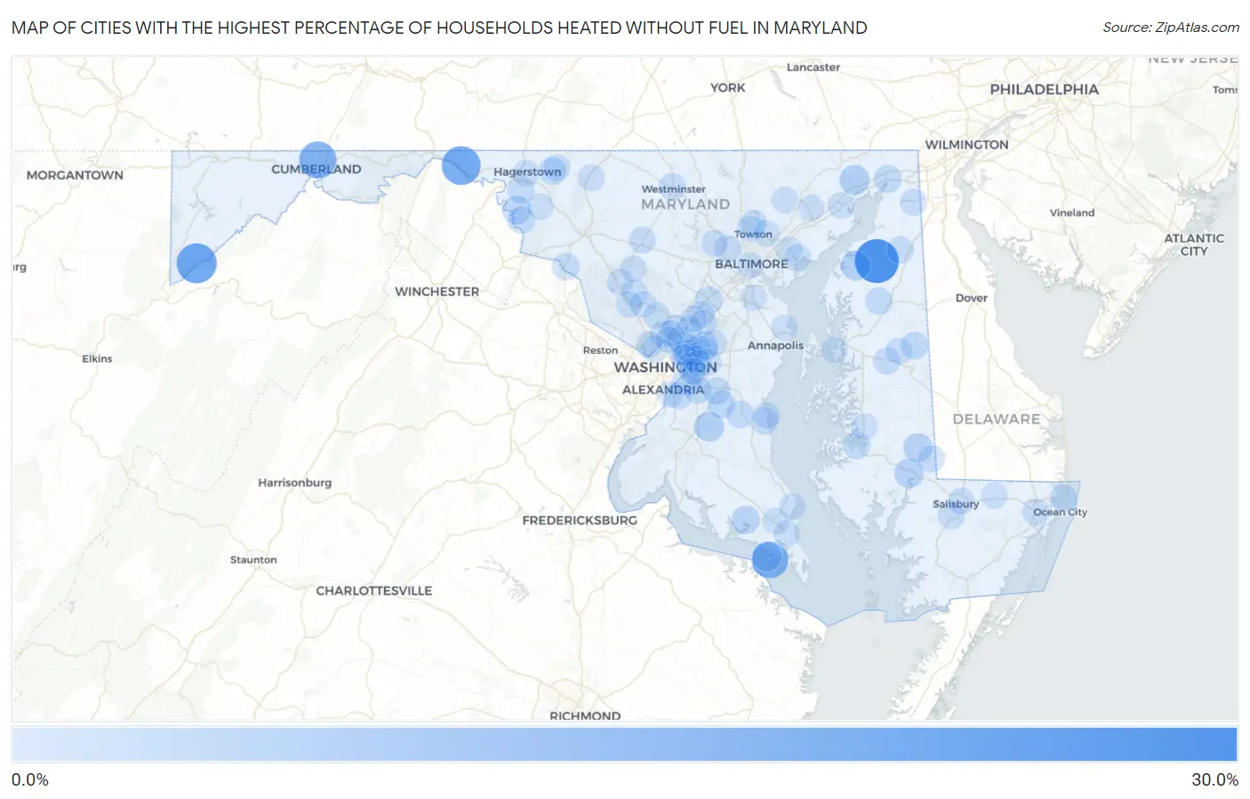 Cities with the Highest Percentage of Households Heated without Fuel in Maryland Map
