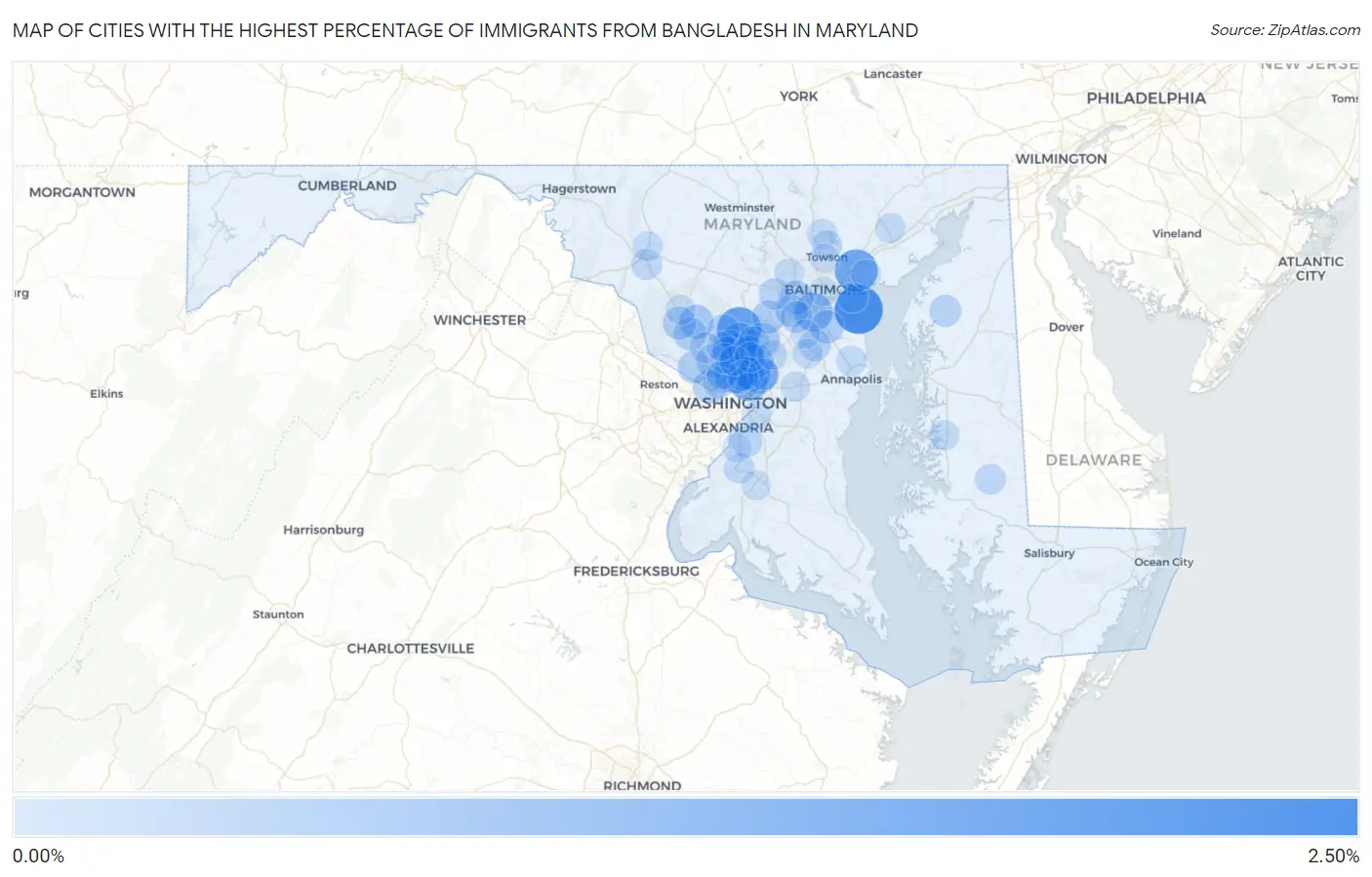 Cities with the Highest Percentage of Immigrants from Bangladesh in Maryland Map