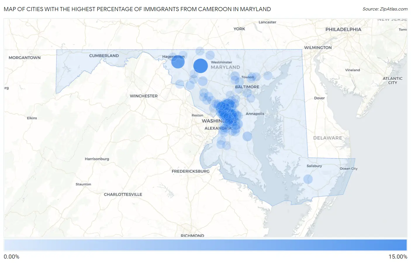 Cities with the Highest Percentage of Immigrants from Cameroon in Maryland Map