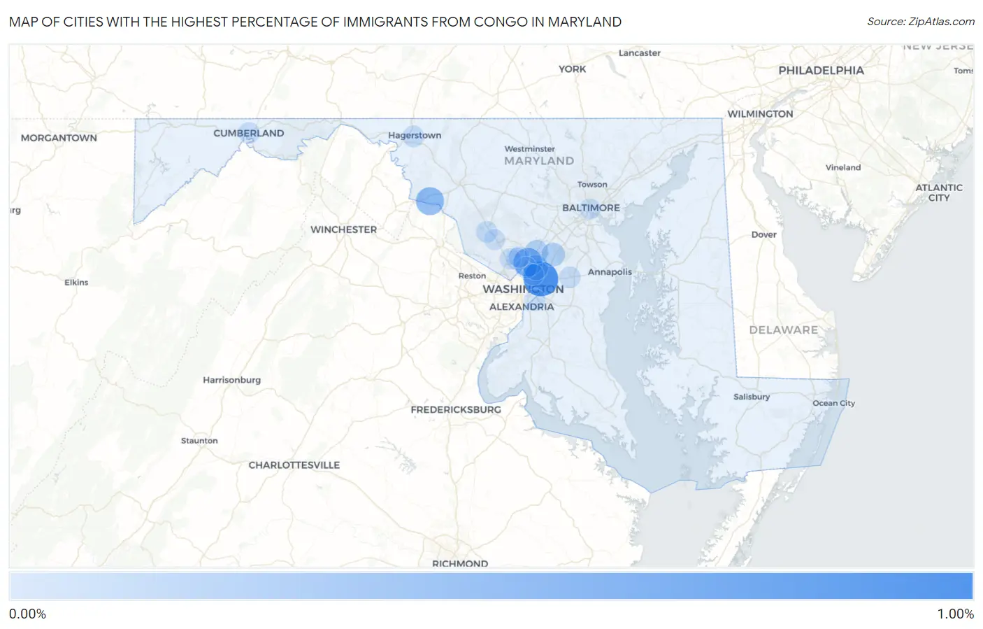 Cities with the Highest Percentage of Immigrants from Congo in Maryland Map