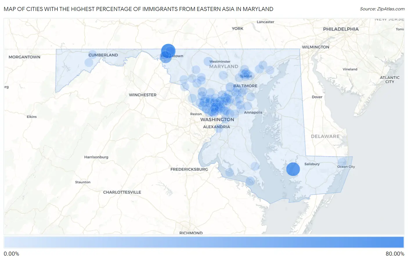 Cities with the Highest Percentage of Immigrants from Eastern Asia in Maryland Map