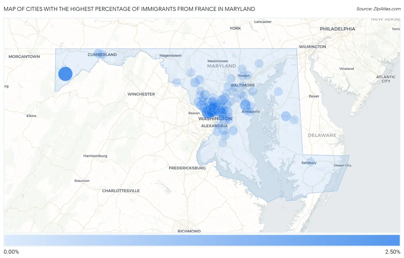 Cities with the Highest Percentage of Immigrants from France in Maryland Map