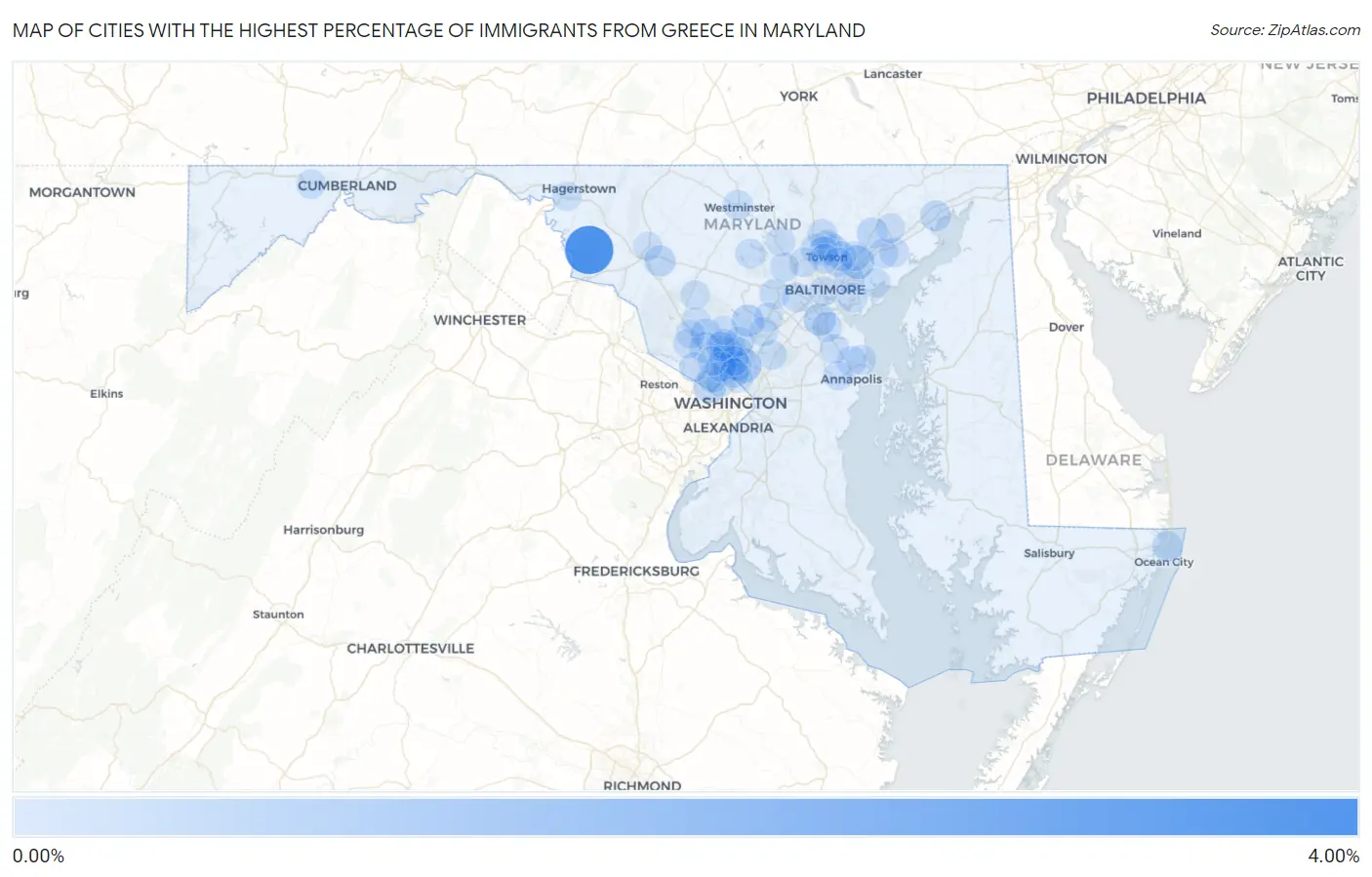Cities with the Highest Percentage of Immigrants from Greece in Maryland Map