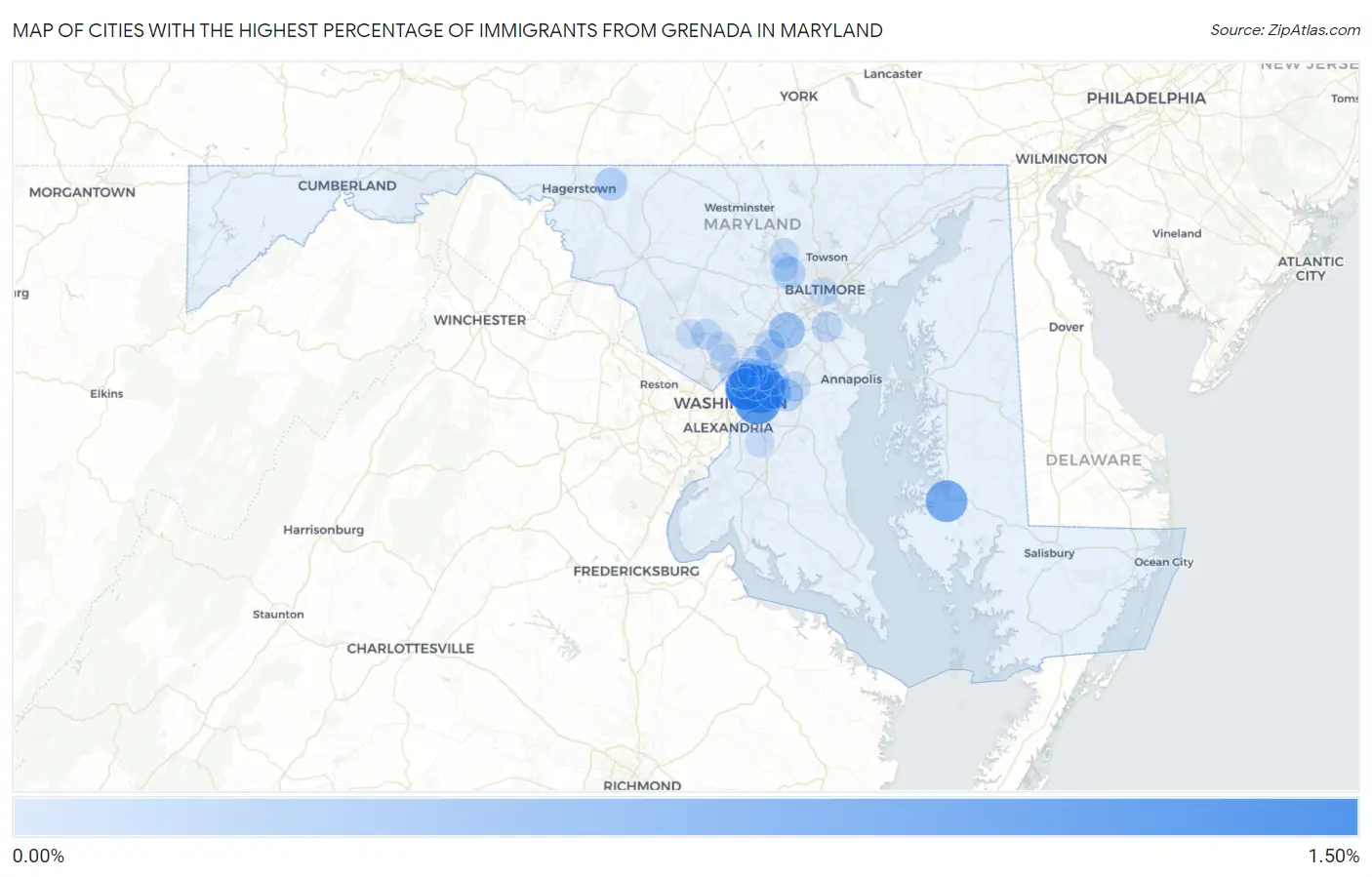 Cities with the Highest Percentage of Immigrants from Grenada in Maryland Map