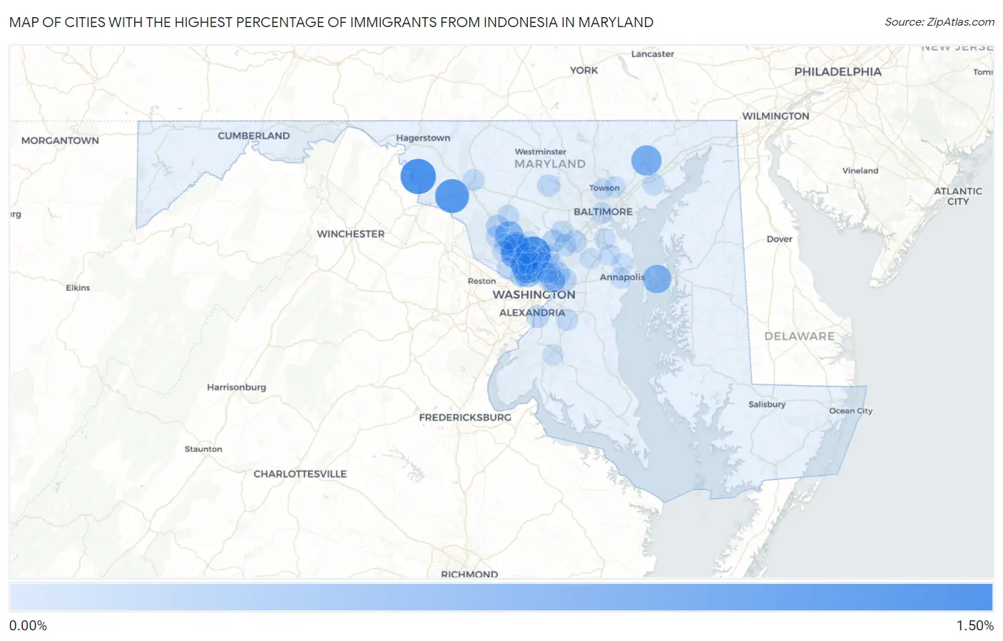 Cities with the Highest Percentage of Immigrants from Indonesia in Maryland Map