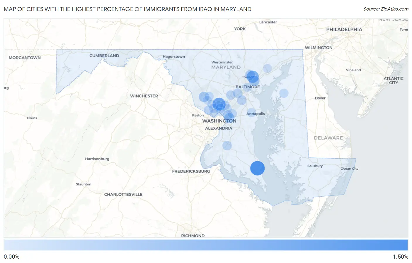 Cities with the Highest Percentage of Immigrants from Iraq in Maryland Map