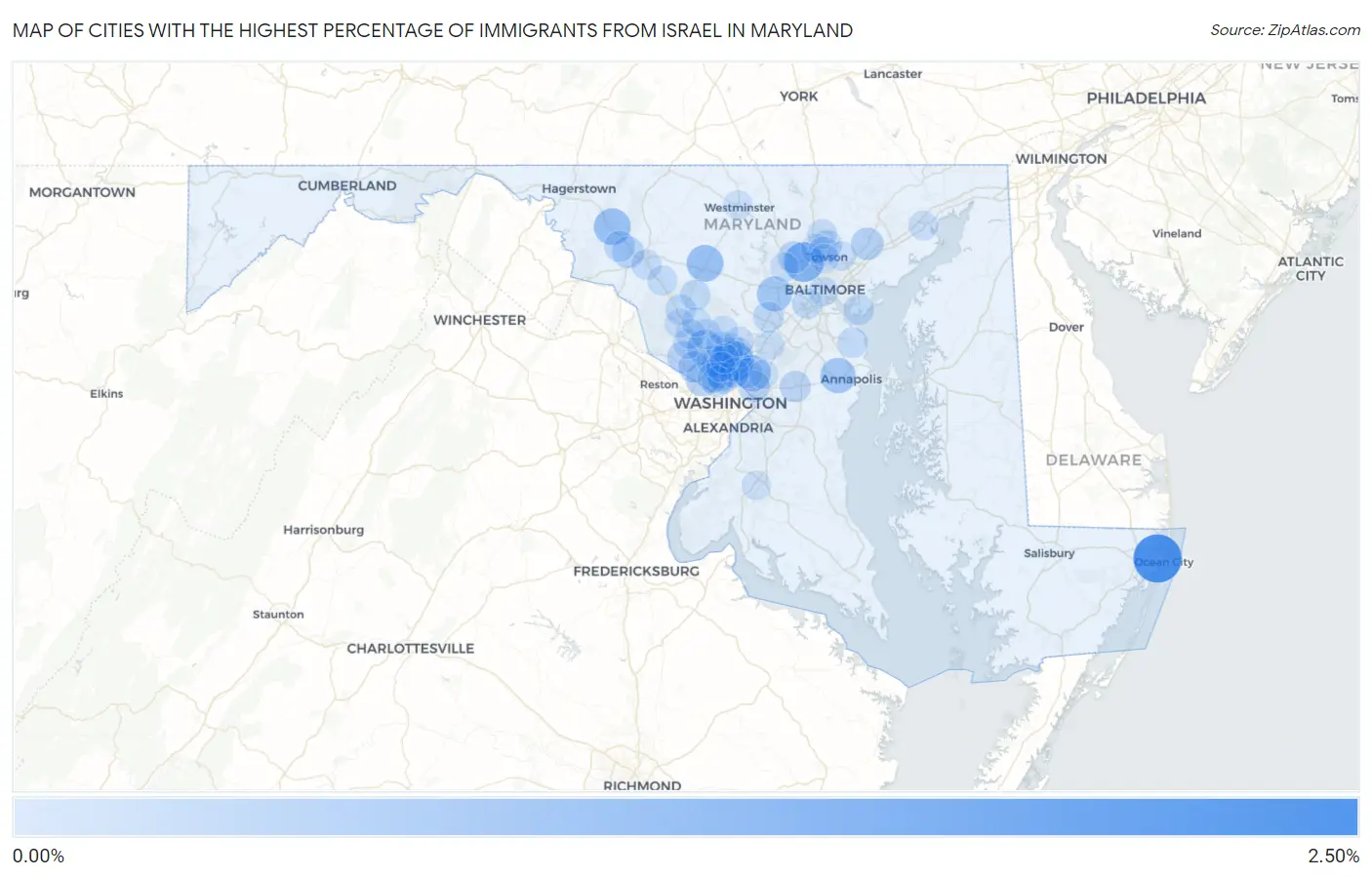 Cities with the Highest Percentage of Immigrants from Israel in Maryland Map