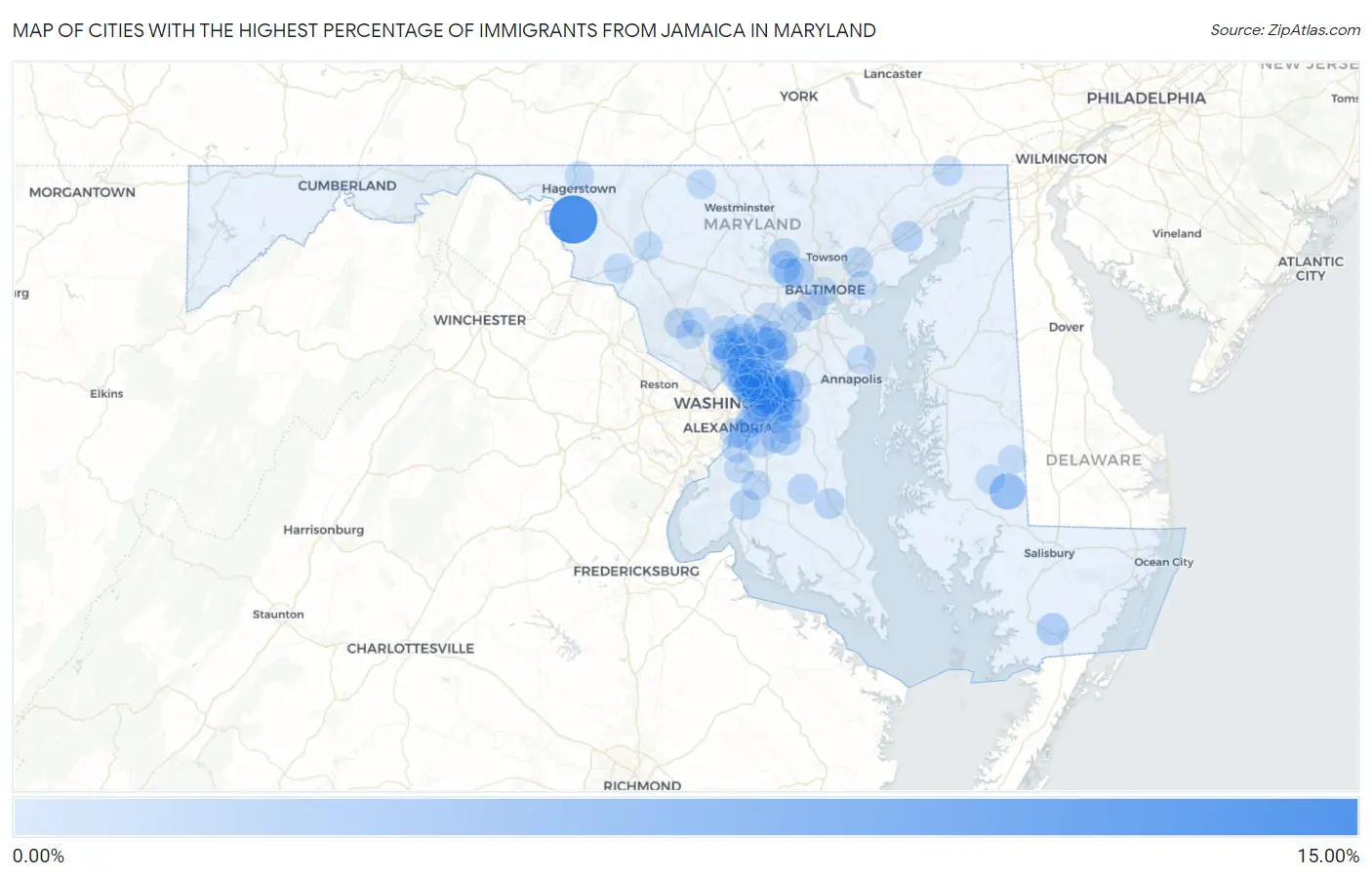 Cities with the Highest Percentage of Immigrants from Jamaica in Maryland Map