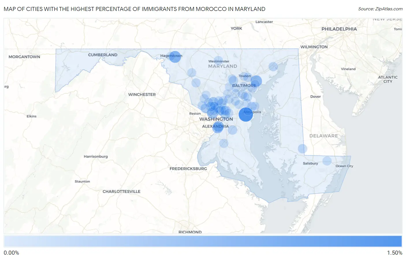 Cities with the Highest Percentage of Immigrants from Morocco in Maryland Map