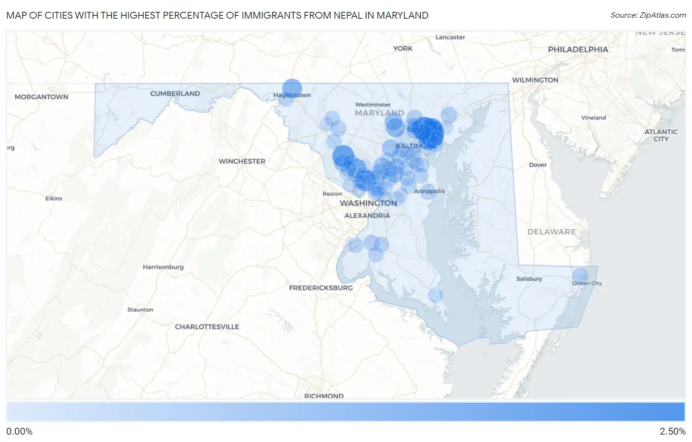 Cities with the Highest Percentage of Immigrants from Nepal in Maryland Map