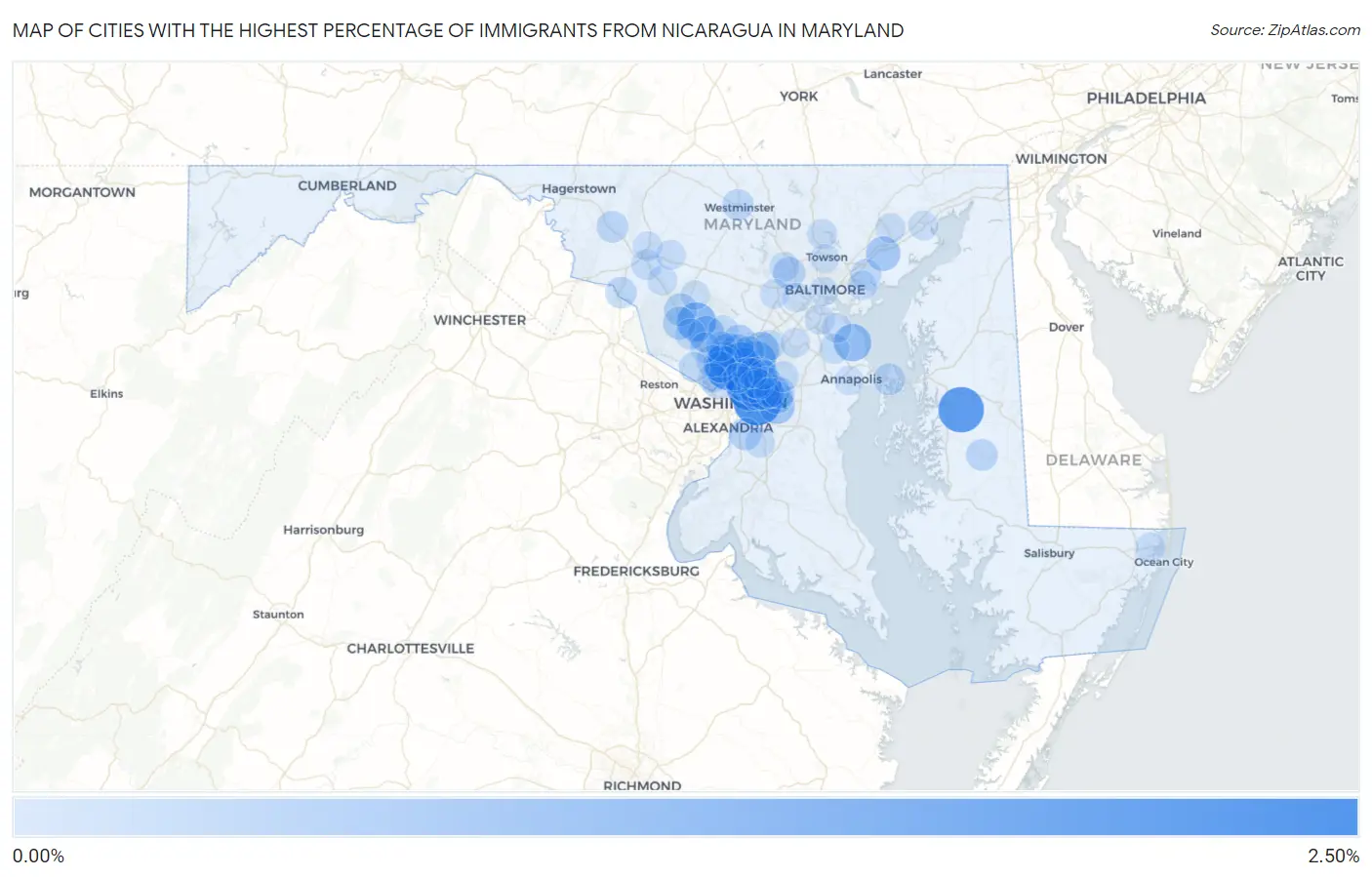 Cities with the Highest Percentage of Immigrants from Nicaragua in Maryland Map