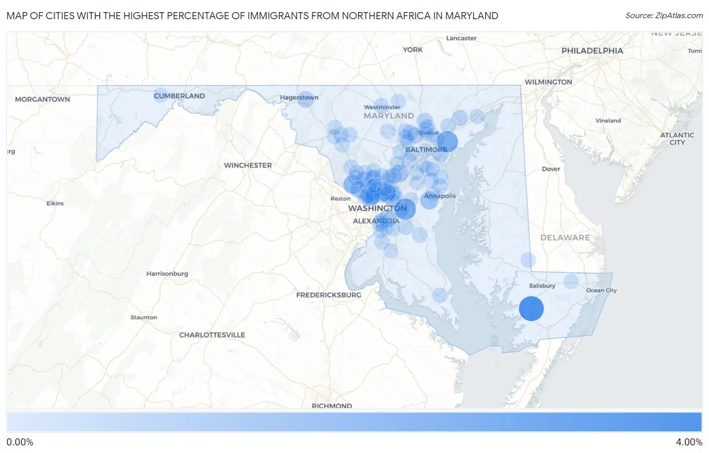 Cities with the Highest Percentage of Immigrants from Northern Africa in Maryland Map