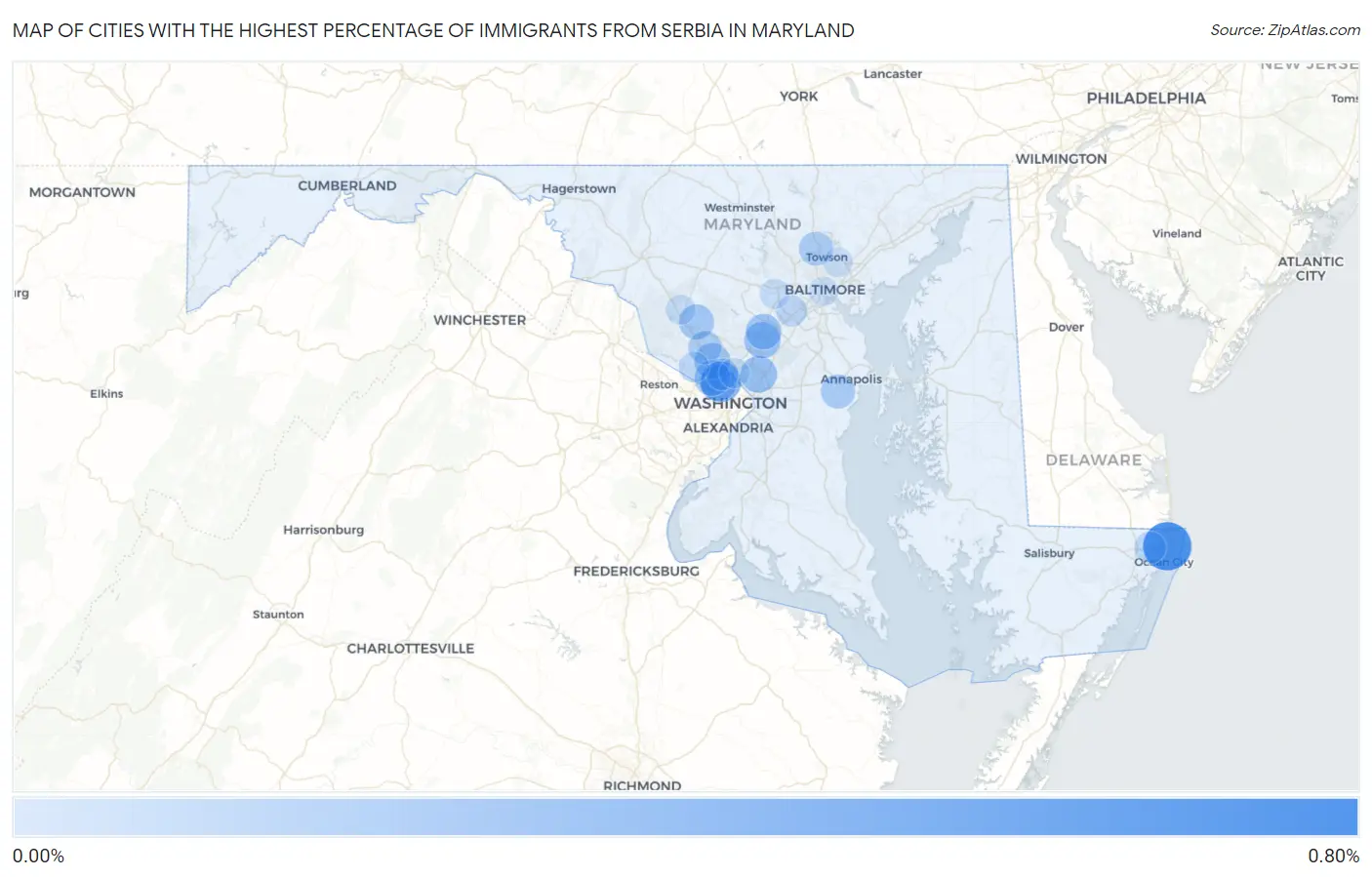 Cities with the Highest Percentage of Immigrants from Serbia in Maryland Map