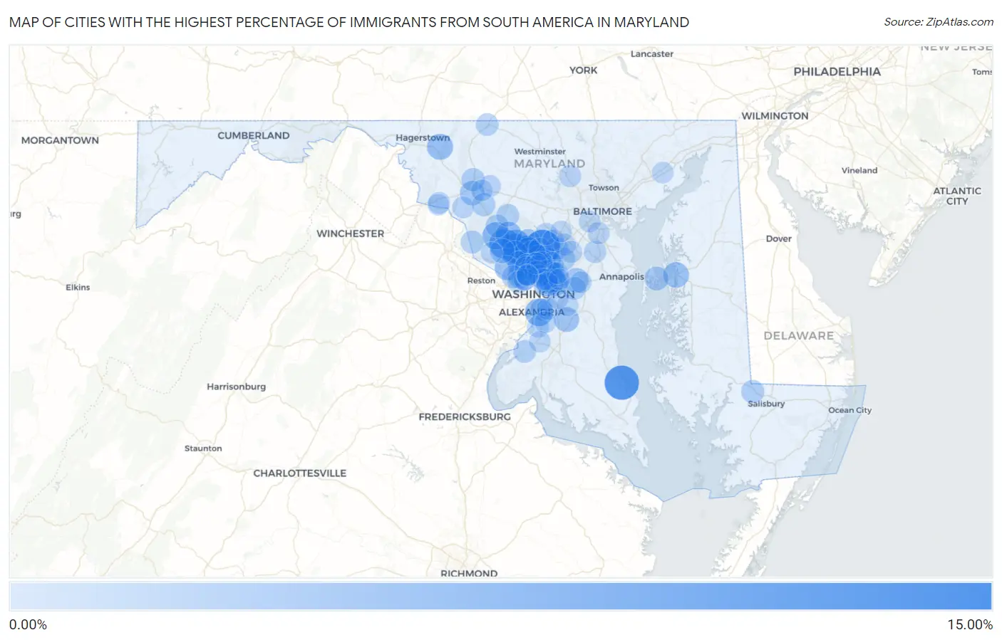 Cities with the Highest Percentage of Immigrants from South America in Maryland Map
