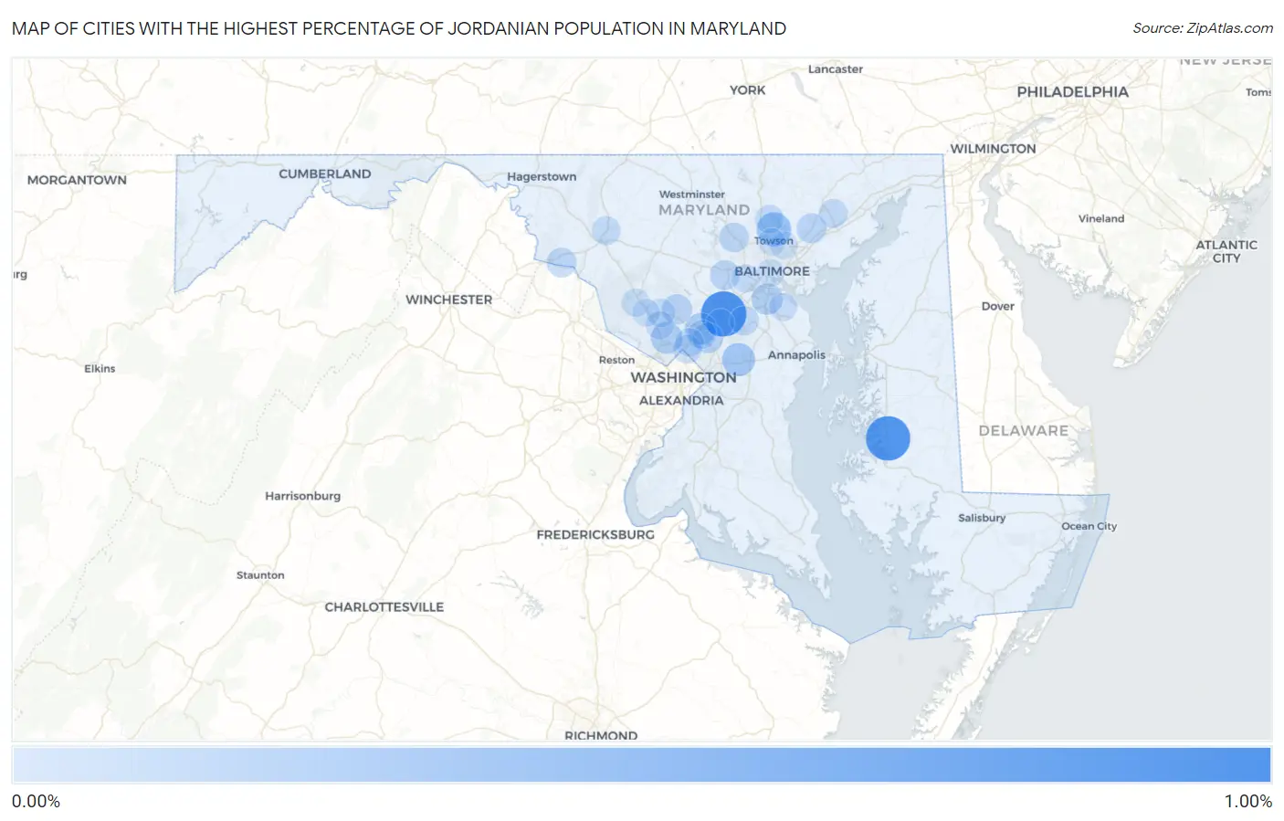 Cities with the Highest Percentage of Jordanian Population in Maryland Map