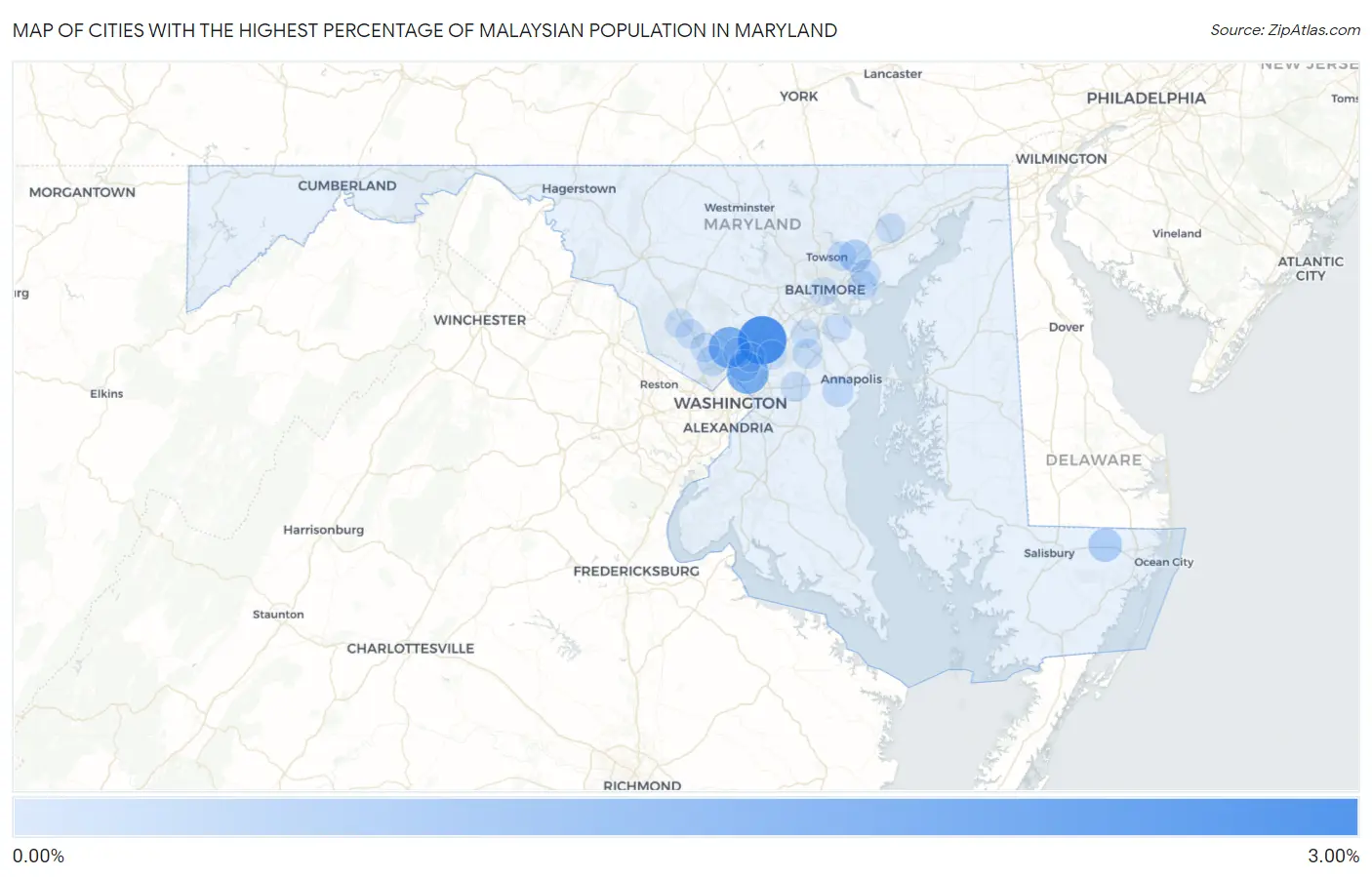 Cities with the Highest Percentage of Malaysian Population in Maryland Map