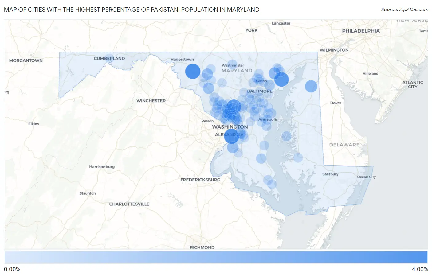 Cities with the Highest Percentage of Pakistani Population in Maryland Map