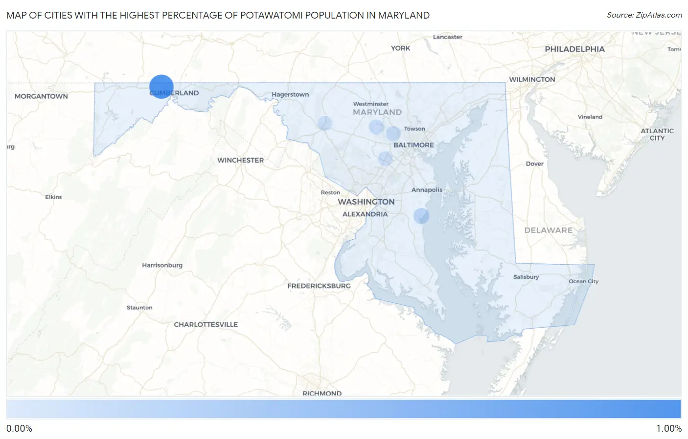 Cities with the Highest Percentage of Potawatomi Population in Maryland Map