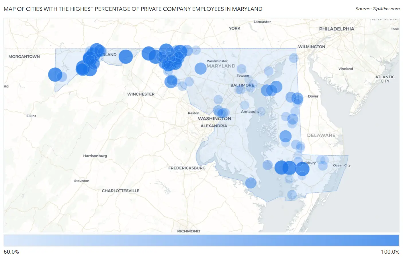 Cities with the Highest Percentage of Private Company Employees in Maryland Map