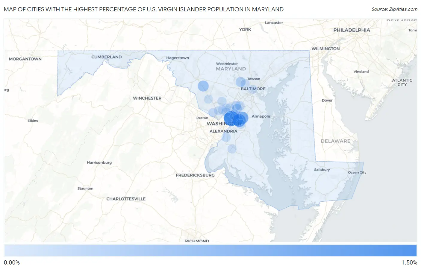 Cities with the Highest Percentage of U.S. Virgin Islander Population in Maryland Map