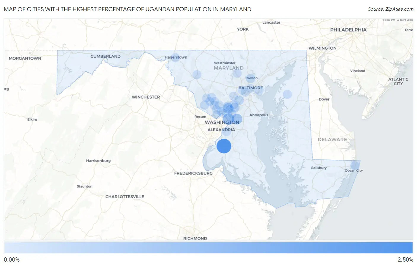 Cities with the Highest Percentage of Ugandan Population in Maryland Map