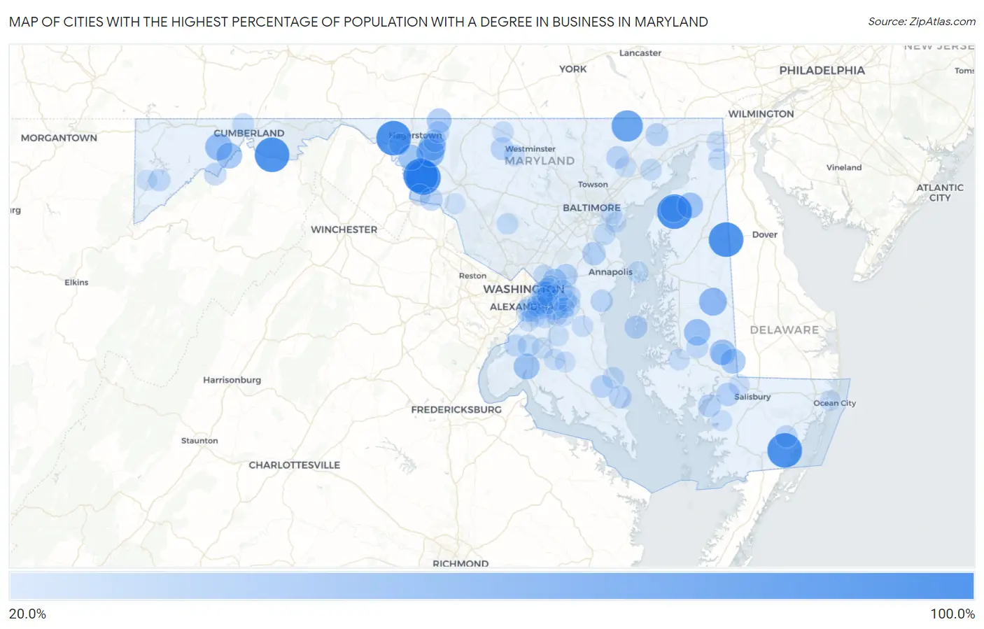Cities with the Highest Percentage of Population with a Degree in Business in Maryland Map
